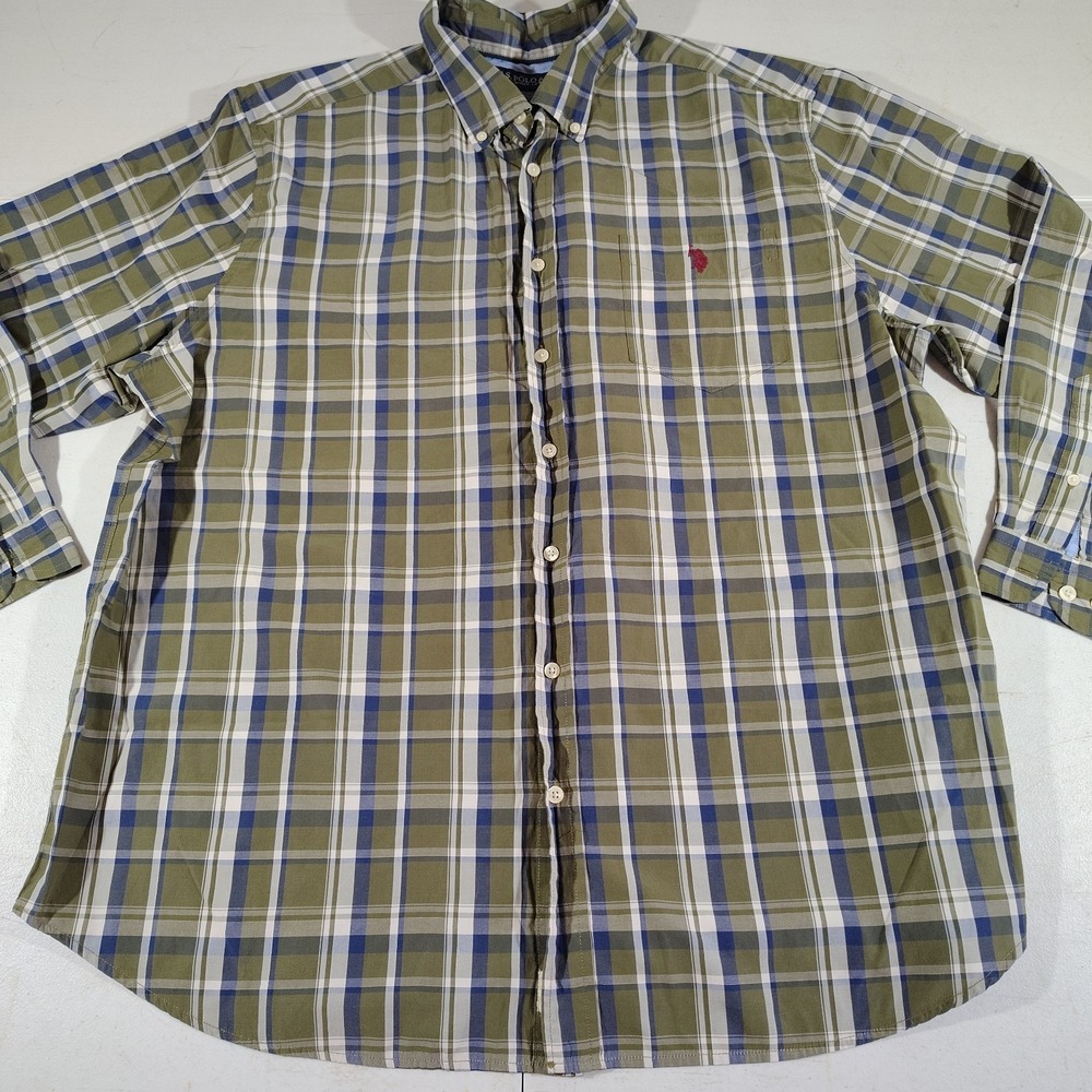 U.S. Polo Assn. Shirt Men 2XL Green Plaid Dad Office Work Comfort Classic Pony